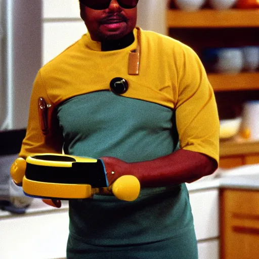 Image similar to Geordi La Forge wearing visor and a colander and random kitchen tools on his head