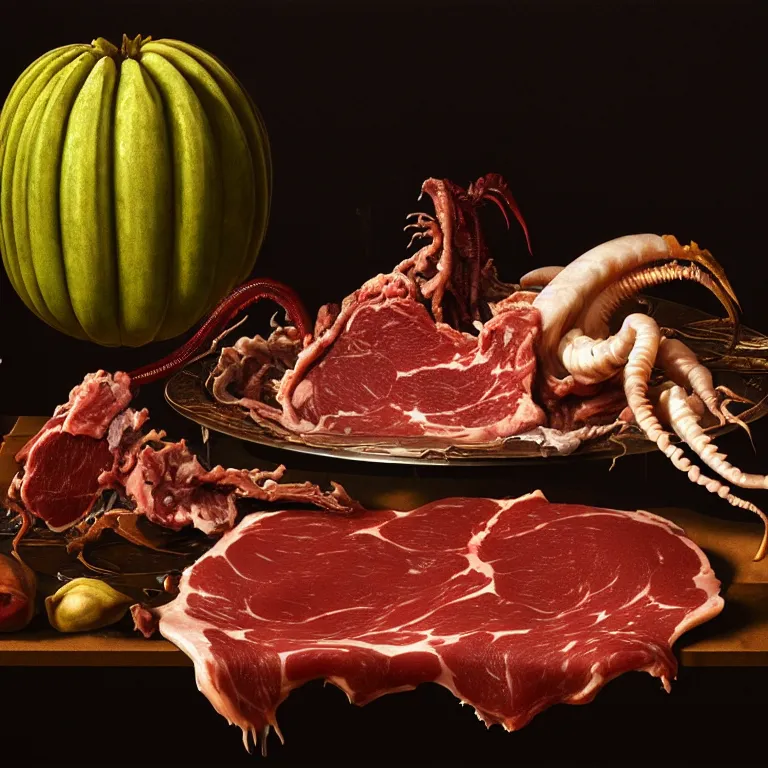 Image similar to still life of rotten meat, xenomorph, beautiful tropical flowers, human spine, tropical fruit baroque painting, beautiful detailed intricate insanely detailed octane render, 8K artistic photography, photorealistic, chiaroscuro, Raphael, Caravaggio