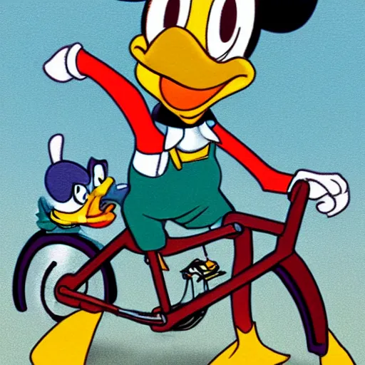 Image similar to donald duck riding a bike, in style of don rosa