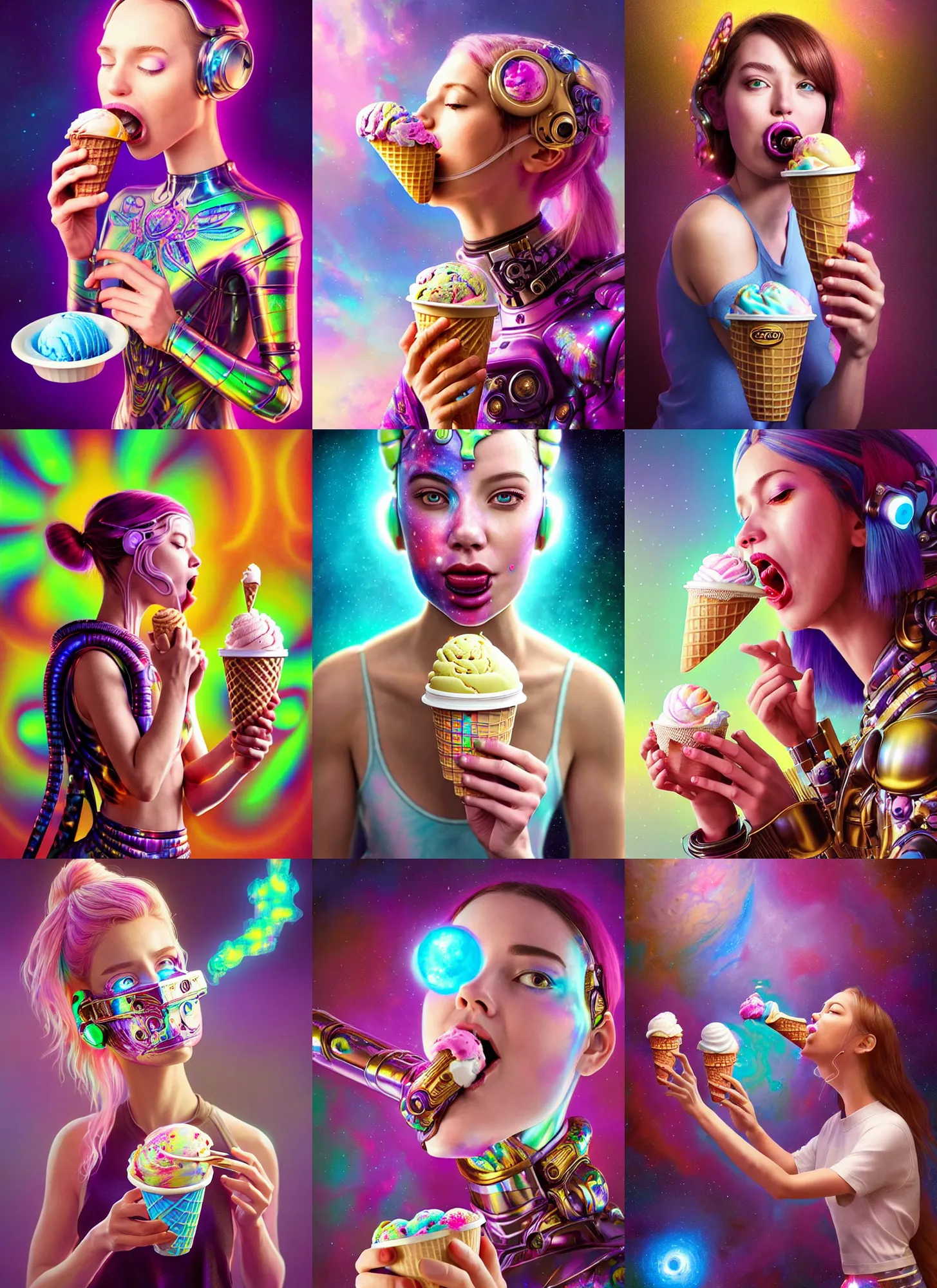 Prompt: polished lush galactic ornate floral edm plaid cyborg girl licking ice cream : : weta disney pixar movie still photo : : hi - fructose, sci fi, decadent highly - detailed digital painting, golden ratio, octane render, artstation, smooth, sharp focus, beeple, artgerm mucha, loish, wlop : :