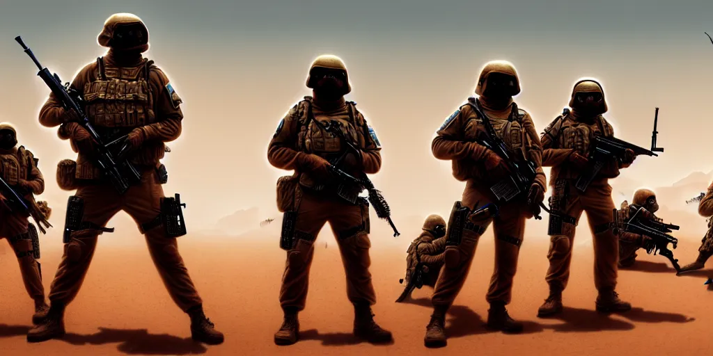 Image similar to highly detailed image of a tactical squad of hamsters dressed in tactical gear holding rifles, in a desert, stephen bliss, unreal engine, fantasy art by greg rutkowski, global illumination, detailed and intricate environment