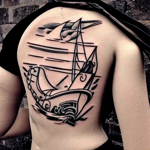 Prompt: tattoo design, stencil, viking, boat