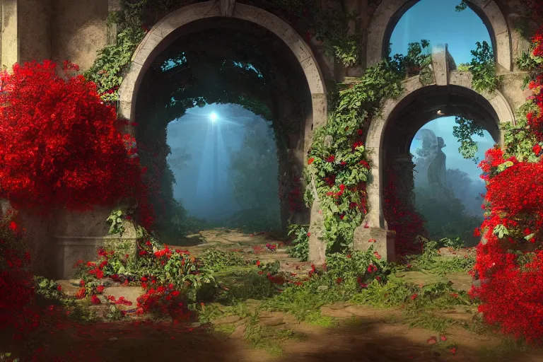 Prompt: broken arches leading to the pillars of eternity draped with red flowers and vines, blue sky, lens flare, a sense of mystery, cinematic, ultra detailed, intricate, sharp focus, trending on artstation, 8K, cubism by Picasso