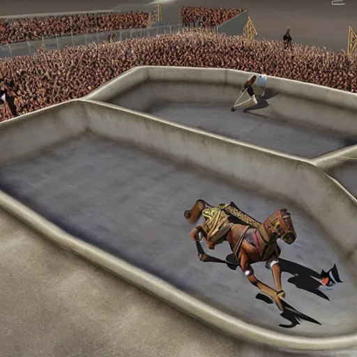 Image similar to roman chariot racing in a skate park half-pipe, video game cover