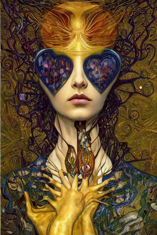 Prompt: Heart of Thorns by Karol Bak, Jean Deville, Gustav Klimt, and Vincent Van Gogh, Surreality, otherworldly, enigma, Helliquary, fractal structures, celestial, arcane, ornate gilded medieval icon, third eye, spirals, rich deep moody colors