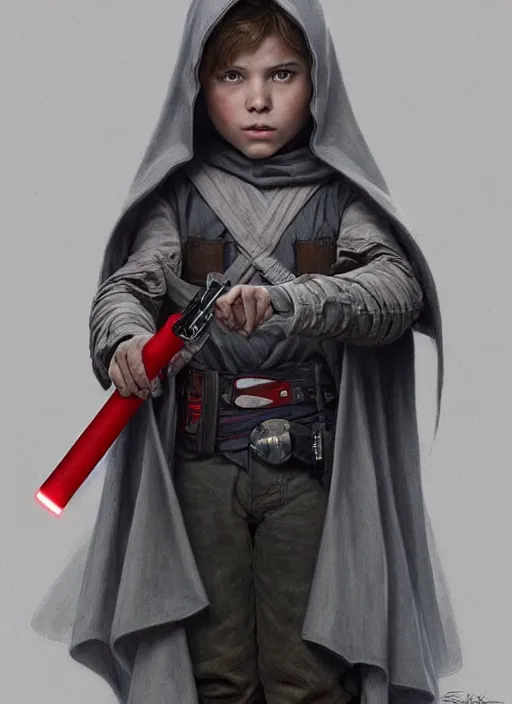 Image similar to perfectly - centered - portrait of a kid wearing grey cloak holding light saber, intricate, highly detailed, digital painting, artstation, concept art, smooth, sharp focus, illustration, unreal engine 5, 8 k, art by artgerm and greg rutkowski and alphonse mucha