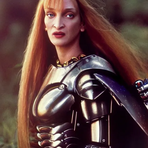 Prompt: promotional beautiful realistic portrait of <Uma Thurman circa 1993> as <Topanga Lawrence the Space Priestess> in the new movie directed by <Tetsuya Nomura>, <heavily armored and brandishing sci-fi blaster>, <perfect face>, movie still frame, promotional image, imax 70 mm footage