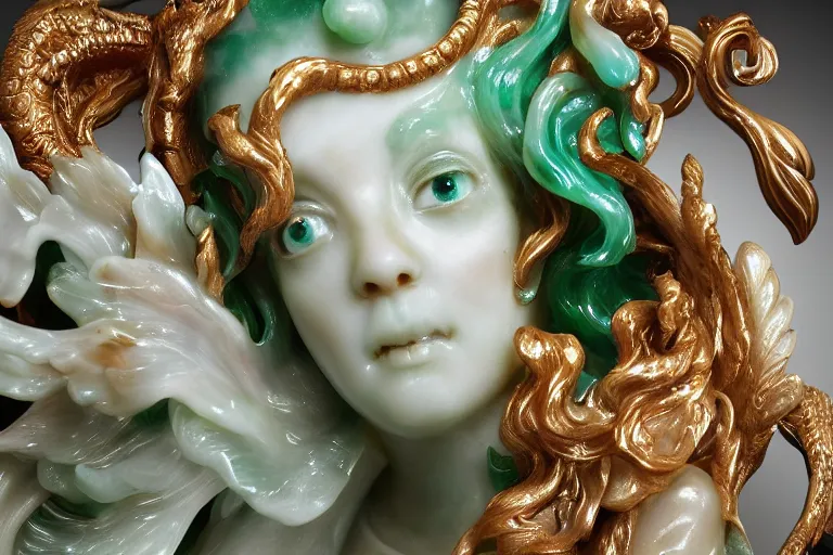 Image similar to a closeup photo, rococo alabaster and jade real delicate ceramic porcelain sculpture of an ornate detailed phoenix goddess in front of an intricate background by rafael, micro detail, backlit lighting, subsurface scattering, translucent, thin porcelain, emerald, jade, octane renderer, colorful, physically based rendering, trending on cgsociety