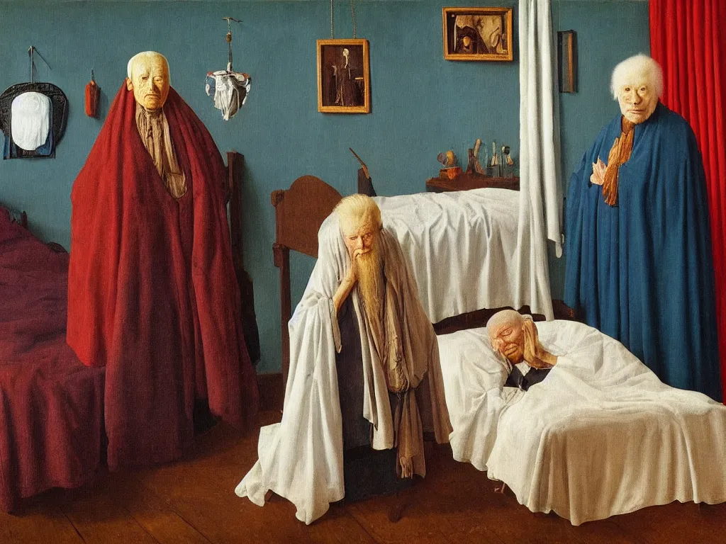 Prompt: Portrait of albino mystic with blue eyes, standing near the bed of a very old man with leprosy. Painting by Jan van Eyck, Audubon, Rene Magritte, Agnes Pelton, Max Ernst, Walton Ford