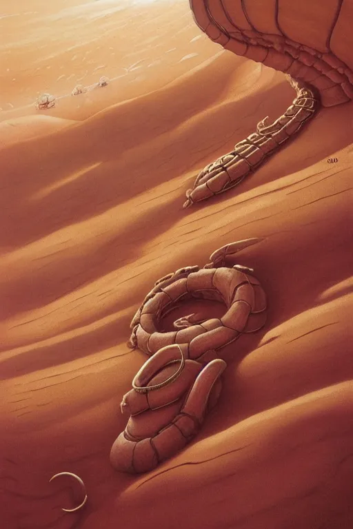 Prompt: a sandworm on arrakis, god emperor of dune, shai hulud, large desert worm by david a hardy, noriyoshi ohrai, gary ruddell, ( greg rutkowski ), salvador dali highly detailed, cinematic composition, trending on artstation