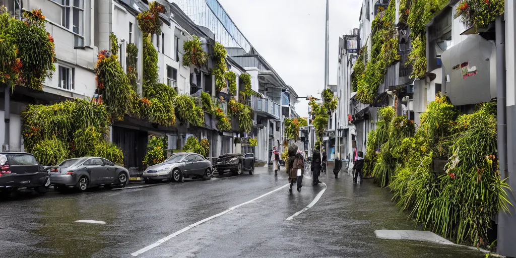 Prompt: a street in wellington new zealand where multiple buildings are covered in living walls made of endemic new zealand plant species. patrick blanc. people walking on street in raincoats. cars parked. windy rainy day. colonial houses