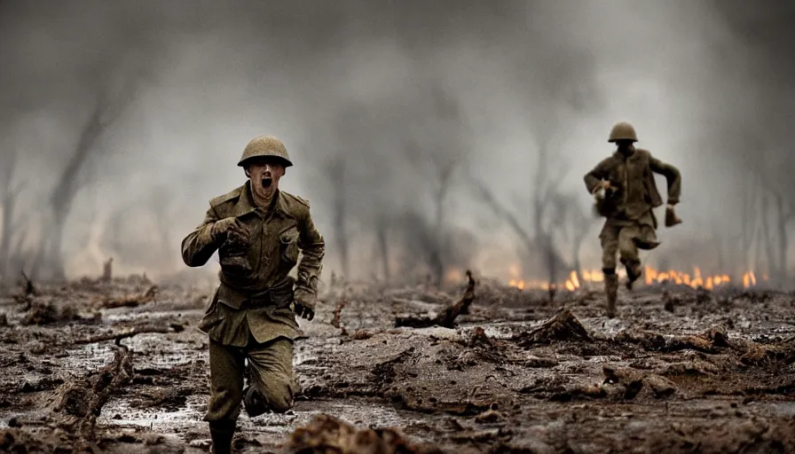 Image similar to screaming World War 1 soldier running across No Mans Land, wartorn landscape, lots of mud puddles and craters, burnt and broken trees, dirty lens, cinematic lighting, IMAX cinematography, 35mm