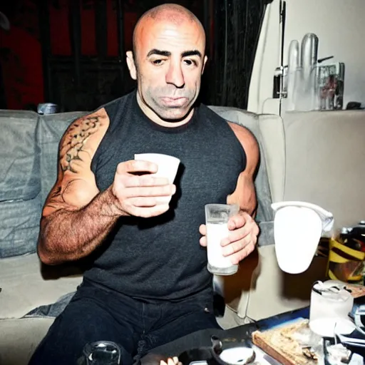 Prompt: joe rogan drinking milk high on shrooms in berlin on new years eve