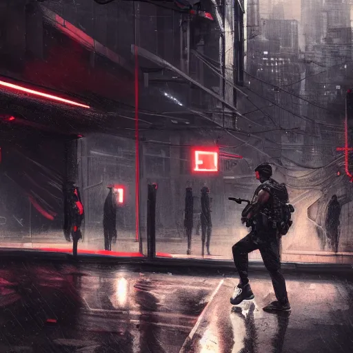 Prompt: A man wearing Reindeelusion Steven Cargo pants and Nike Tech fleece Shirt and Nike Acronym presto sneakers, rooftop, sniper rifle stationed in background, Police sirens shining in far background, high quality, digital art, dirty cyberpunk city, rain, greg rutkowski