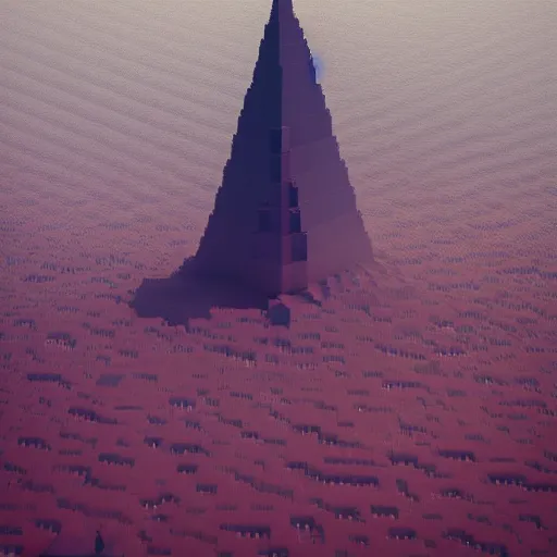 Prompt: voxel art of giant floating triangular monolith in valley by james gilleard and madmaraca, textured, detailed, beautiful, 8 k wallpaper