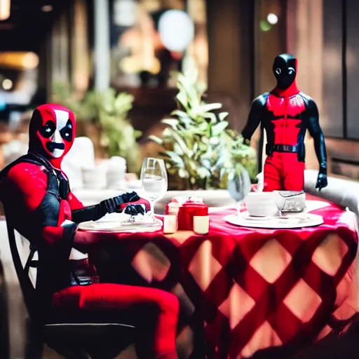 Prompt: joker eating at a fancy restaurant standing next to deadpool, 85mm f/1.4