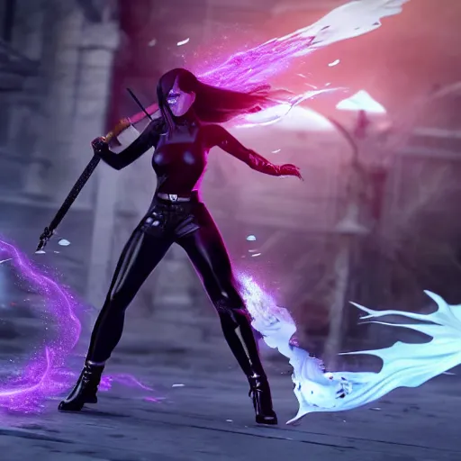 Image similar to ultra realistic, hyper realistic gorgeous goth psylocke fighting army of demons with a samurai sword, physical based render, cinematography, octane, photorealistic, gorgeous, symmetrical, unreal engine