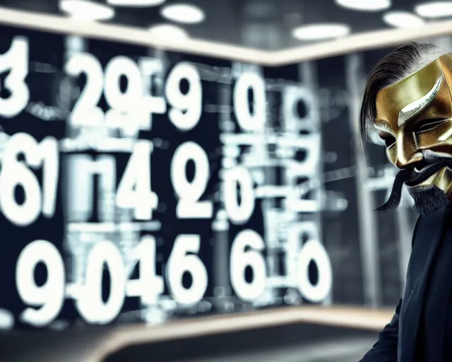 Image similar to man wearing guy fawkes mask examines numbers on large monitor intensely, corporate photo, cinematic lighting