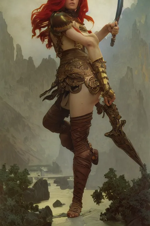 Prompt: face matte portrait of a red haired valkyry in a heroic pose and wearing thick bronze plate armo art by albert bierstadt, alphonse mucha, andreas rocha, greg rutkowski, sharp edges. ultra clear detailed. 8 k. elegant. octane render