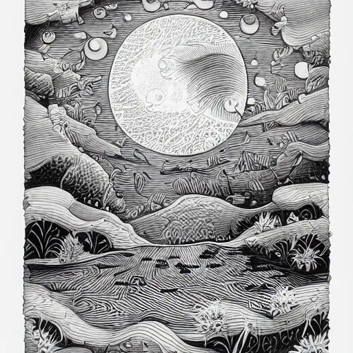 Image similar to a highly detailed ink drawing illustration of the full moon over a magical pond, soft curves, winner on behance, trending on artstation