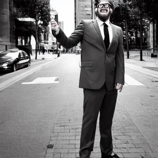 Image similar to seth rogan on a street wearing a suit, laughing, portrait, realistic, city street, detailed, depth of field, sharp focus