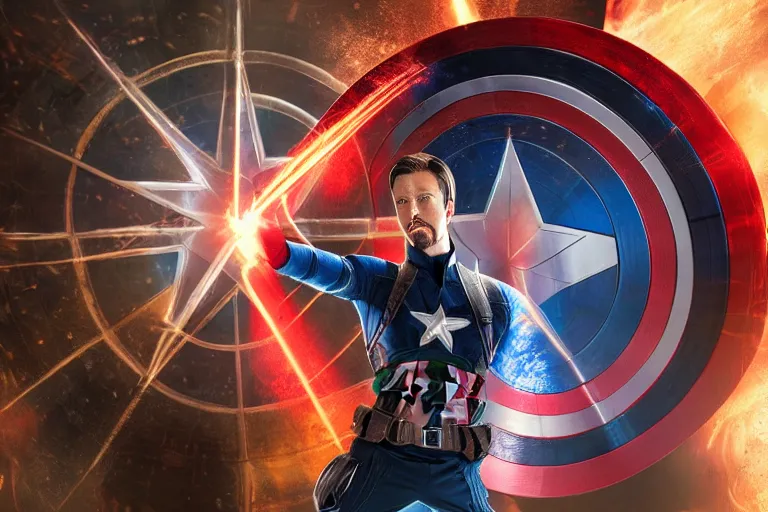 Image similar to photograph of captain america casting spells through his shield, wearing doctor strange's outfit, nvidia, highly detailed, concept art, illustration, cinematic