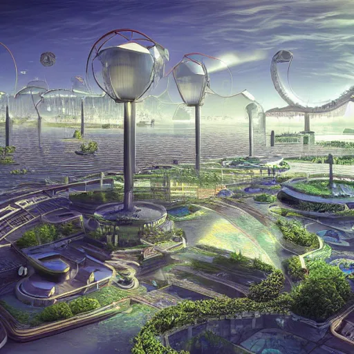 Prompt: solarpunk sea city, highly detailed, 4k, HDR, smooth, sharp focus, hyper realistic, high resolution