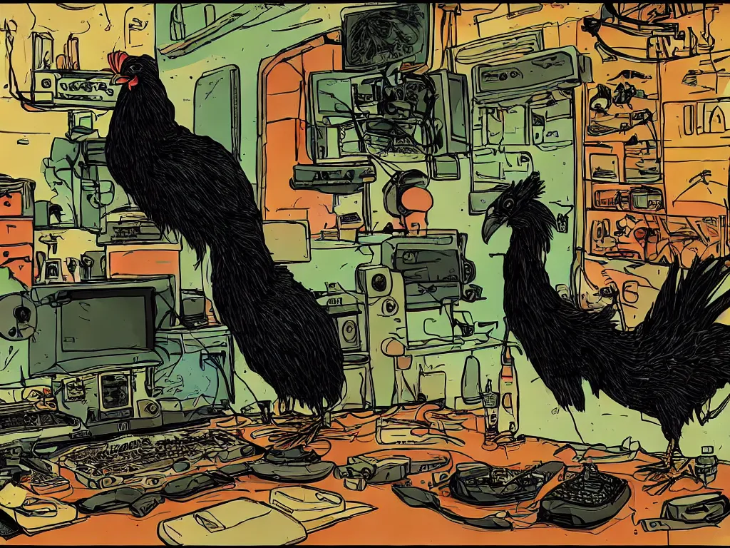 Image similar to 'black chicken'!!! smoking 'cannabis'!!!!!! in front of 'audio console'!!!! and 'multi monitors'!!!! 'in a hi-tech tv broadcasting studio'!!!!, artwork by James Gilleard