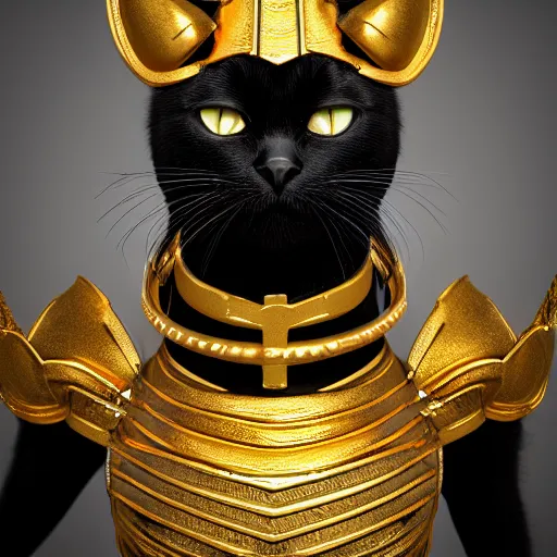 Prompt: a black cat wearing a gold armor outfit, a character portrait by hanns katz, shutterstock contest winner, afrofuturism, sci - fi medieval fantasy, 3 d render