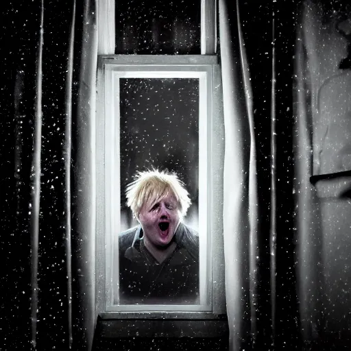 Prompt: photo of the inside of a dark old rainy bedroom window at night with the curtains pulled back, dimly lit creepy | screaming face of boris johnson staring in and pressing his bloody face and hands against the window, horror, scary face, demonic face,