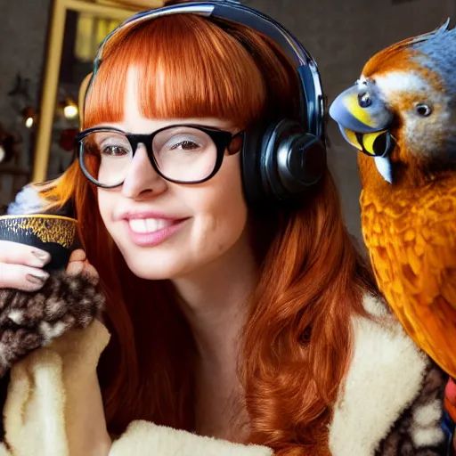 Image similar to a stunning hyper-detailed closeup portrait photo of a beautiful smiling bespectacled woman with long auburn hair and bangs, wearing a luxurious robe, wearing steampunk headphones and posing with her raccoons and parrots in an overstuffed easy chair in her sunlit living room, holding a coffee cup and a donut and smoking an elaborate hookah, perfect eyes, octane render, unreal engine, 85 mm lens,