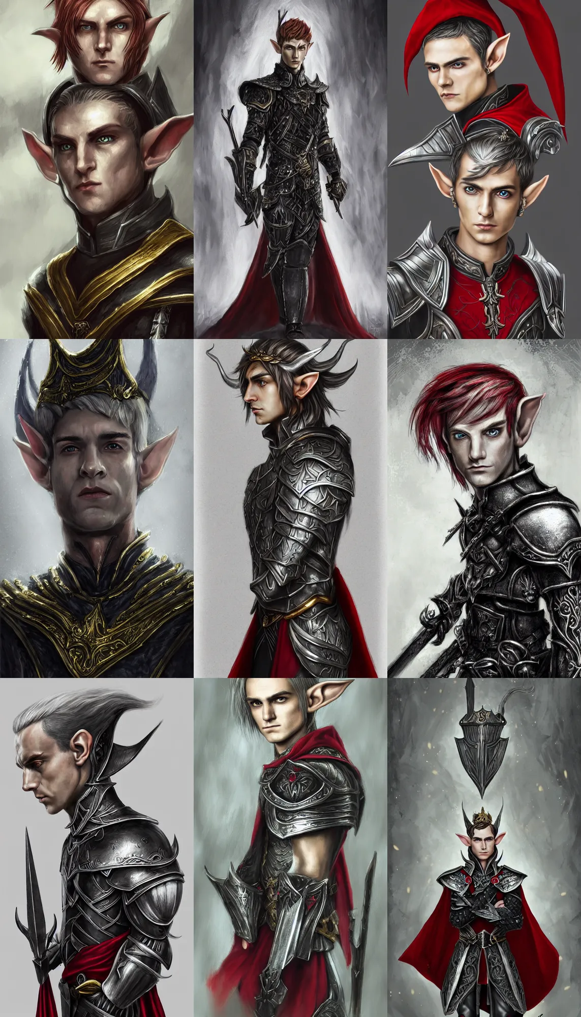 Prompt: A portrait of an elf, he is about 20 years old | short, silver hair | red eyes, lean and muscular, attractive, military composure, royalty, smug look | he is wearing a black metal tiara, black heavy armor with gold plating, and a red cape | highly detailed portrait, side profile, digital painting, concept art, illustration, smooth, sharp focus, ArtStation, ArtStation HQ
