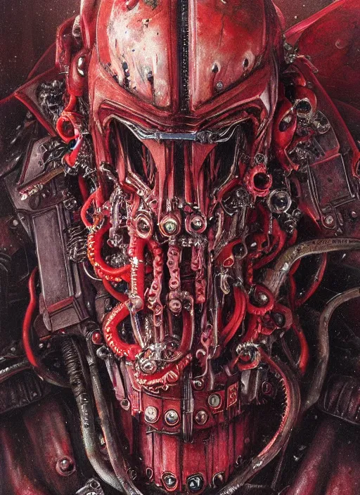 Image similar to portrait of rotten Nicolas Cage as adeptus mechanicus in red hood and robe from Warhammer 40000, mechanical tentacles. Highly detailed, artstation, illustration by and John Blanche and zdislav beksinski and wayne barlowe