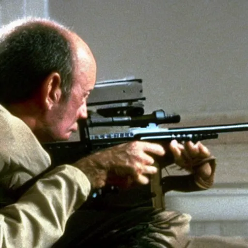 Image similar to Film Still of Mike Ehrmantraut aiming a sniper rifle, 8k, highly detailed