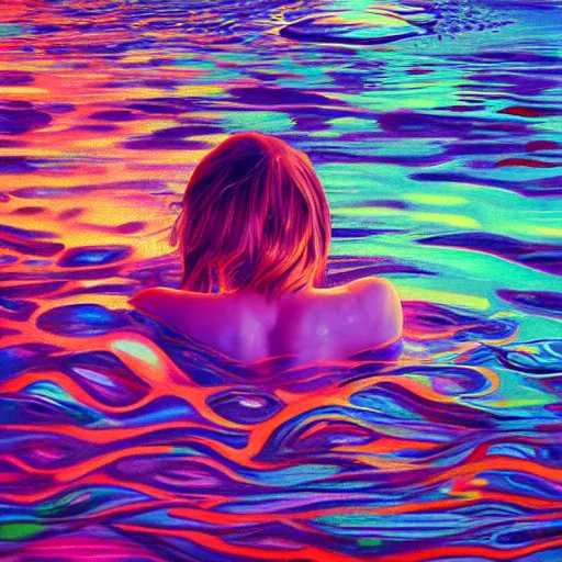 Prompt: surreal Emma Stone swimming in chromatic distortions in misty mysterious place, beautiful, psychedelic, lsd, trending on artstation, omnious, soft, artwork by Tran, Ross