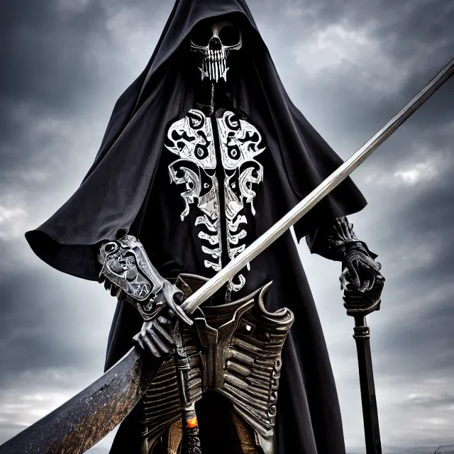 Image similar to armoured grim reaper with ornate scythe, highly detailed, 4 k, hdr, close up, portrait, smooth, sharp focus, high resolution, award - winning photo