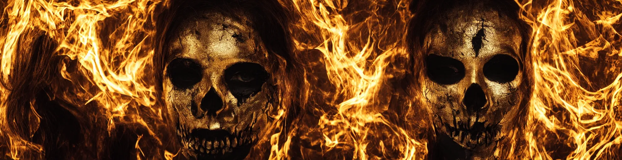 Prompt: dark art portrait of a woman with a skull mask on her face, gold, eyes, fire, dark souls