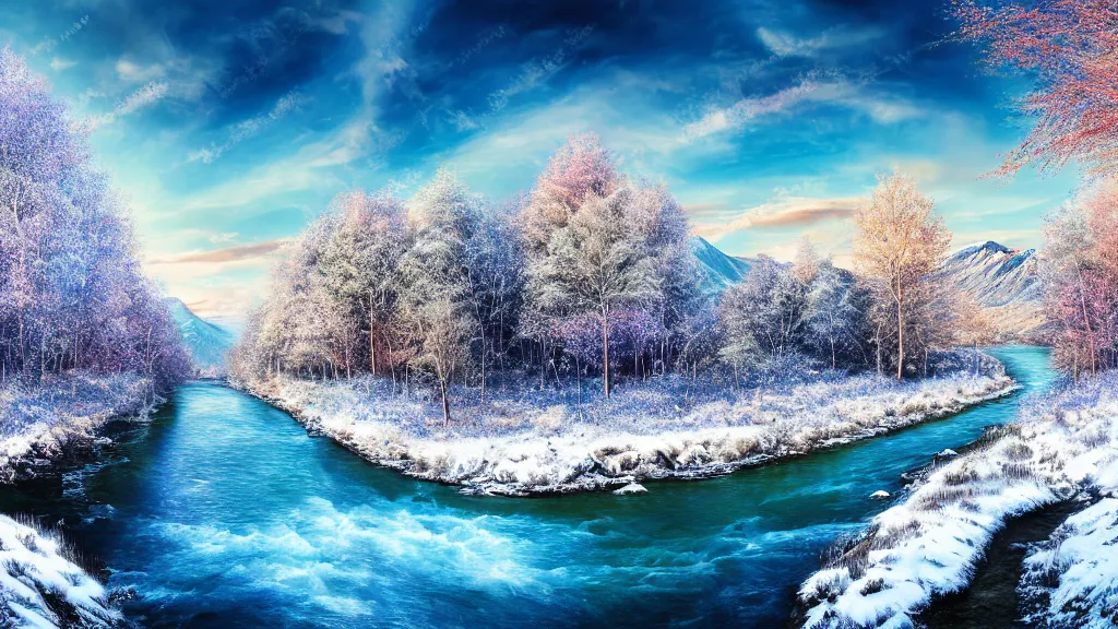 Prompt: a photorealistic portrait, stunningly beautiful colorful fantasy landscape, professionally retouched, soft lighting, hyper realistic, hyper detailed river, snow covered mountains, deciduous trees, beautifully detailed bright blue sky, big sun, wide angle, sharp focus, 8 k high definition, 6 4 megapixels, insanely detailed, stunningly beautiful