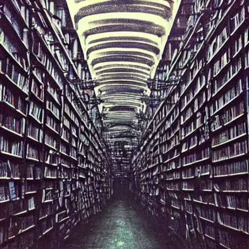 Image similar to “lost in a labyrinth that is Powell’s City of Books. Creepy liminal photo. Hyperrealistic, benchmark resolution photo in the style of Beksinski”