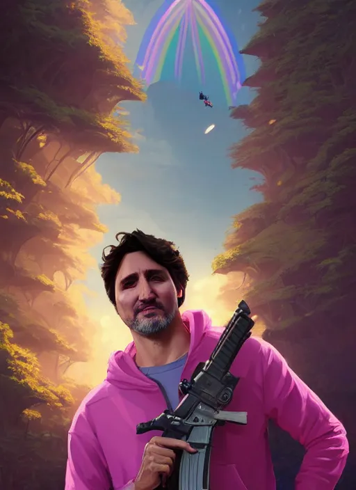 Image similar to highly detailed portrait justin trudeau in ( ( pink hoody rainbow socks ) ) holding ar - 1 5! ( setting costa rica ) in gta v stephen bliss unreal engine fantasy art by greg rutkowski loish rhads ferdinand knab makoto shinkai lois van baarle ilya kuvshinov rossdraws tom bagshaw global illumination radiant light detailed intricate environment