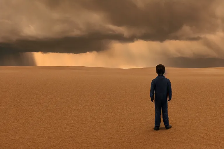 Prompt: a cinematic wide angle shot of a boy in the movie dune, stormy weather, dry, film still, cinematic, movie still, dramatic lighting, by zack snyder