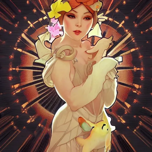 Prompt: digital concept art by artgerm and alphonse mucha. just one lonely attractive asian showgirl in a pikatchu costume!! full body!! contour light effect!! 8 k, black tape project show. stage light. octane render. sharp edge. ultra clear detailed,