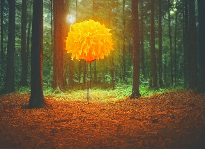 Image similar to a forest with an orange cone scattered about, cinematic photo, atomspheric lighting, 2 4 mm lens, unreal, octane render, detaileld sharp, masterpiece, dynamic, surreal