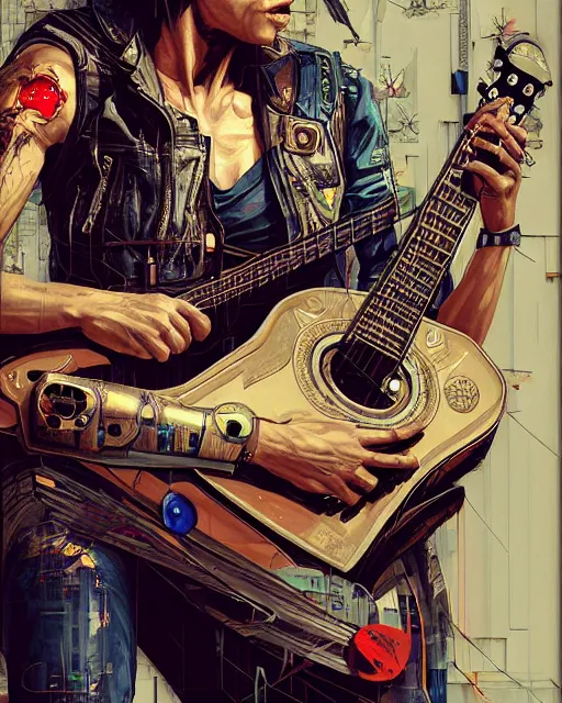 Image similar to a portrait of an anthropomorphic cyberpunk eagle strumming an acoustic guitar by sandra chevrier, by jon foster, detailed render, tape deck, epic composition, cybernetics, 4 k realistic, cryengine, realistic shaded lighting, sharp focus, masterpiece, by enki bilal