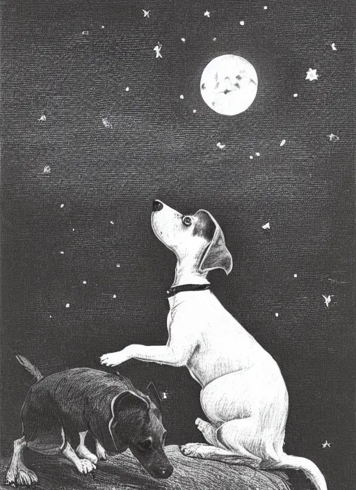 Image similar to candid portrait of jack russel dog looking up barking at the moon, from behind, night sky, highly detailed, illustrated by peggy fortnum and beatrix potter and sir john tenniel