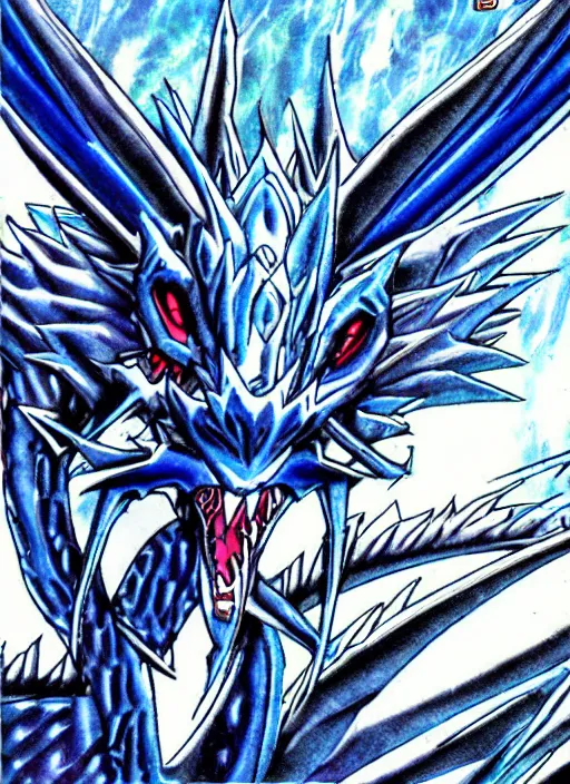 Prompt: blue eyes white dragon card from yu - gi - oh, high detail