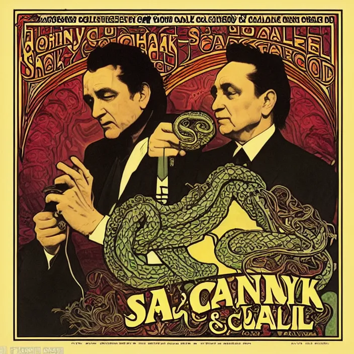 Image similar to album cover for the Johnny Cash and Snake Oil colab record. Snake oil, quackery, folk medicine, scamming, beautiful album cover with no text, artwork by Alphonse Mucha, snake oil