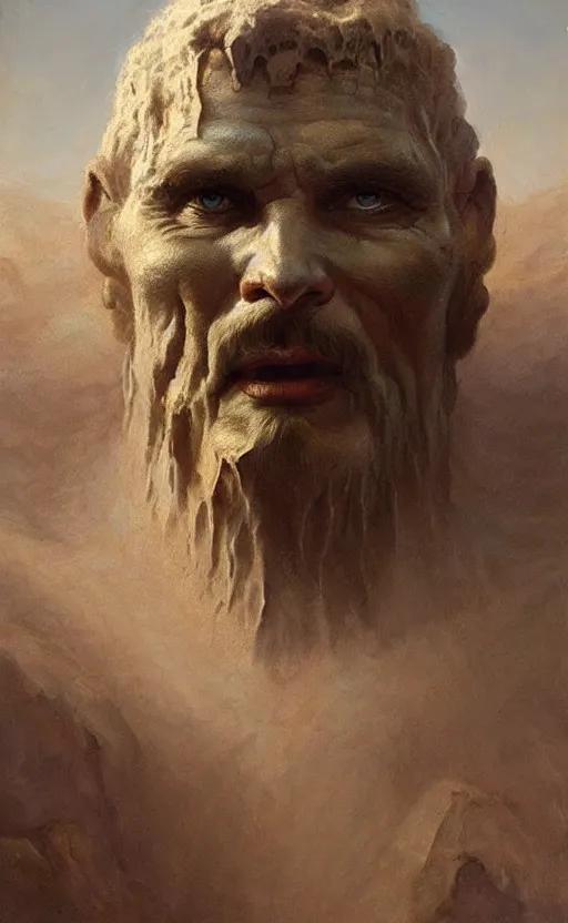 Image similar to an ancient man made of dust and earth, a mythological being that came from mud and clay, a pagan creation, gigantic, incomprehensible and frightening, trending on artstation, volumetric lighting, atmospheric portrait, highly detailed, art by greg rutkowski and alphonse mucha