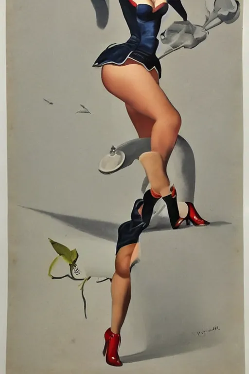 Image similar to a portrait one full body pin up post war dressing a military unioform,garden backgound Gil Elvgren style,center composition,anatomic correct