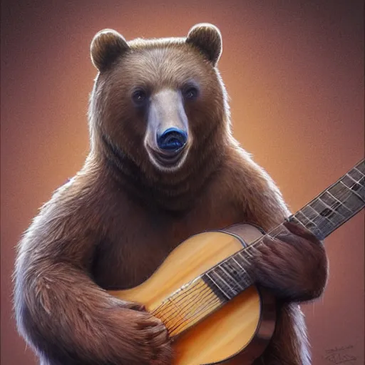 Image similar to realistic bear holding a wooden triangle combined with guitar sound hole and guitar neck, highly detailed, digital painting, artstation, concept art, smooth, sharp focus, illustration, cinematic lighting, art by artgerm and greg rutkowski and alphonse mucha